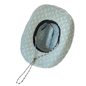 Light blue sequin denim western cowboy hat top view showing inner lining and adjustable drawstring.
