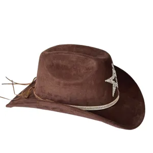 Detailed view of brown suede cowboy hat featuring rhinestone star and sparkly band accessories.