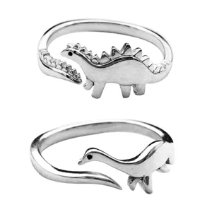 Joli set de bagues ouvertes dinosaure, bijoux de mode argentés créatifs gros plan.