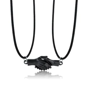 Couple magnetic handshake matching necklaces set for lovers, black aesthetic clavicle chain.