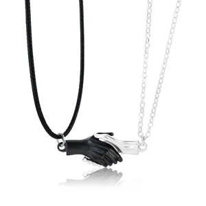 Couple matching magnetic hand pendant necklace set, black and silver clavicle chain jewelry gift.