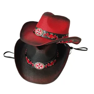 Set cappelli da cowboy western retrò, cappelli di paglia estivi tesa larga ricamati.