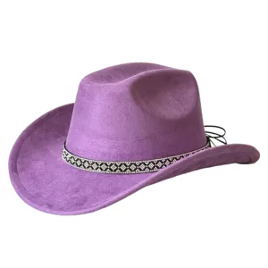 Vintage Polyester Faux Suede Western Cowboy Hat With Sparkling Rhinestone Chain Decorative Wide Brim Party Dress Hat For Men Women