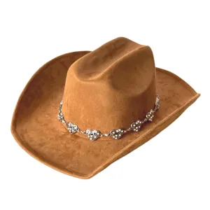 Close-up detail of the brown suede western cowboy hat featuring a sparkling rhinestone heart chain.