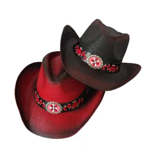 Cappello da cowboy occidentale in paglia estiva con ricamo vintage, tesa larga parasole.