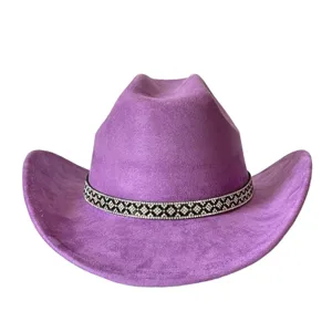 Purple suede western cowboy hat detail, rhinestone crystal band trim, stylish party headwear.