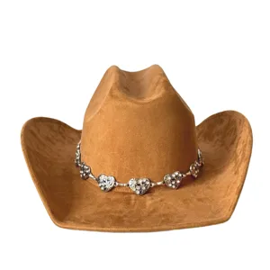 Brown faux suede western cowboy hat with rhinestone heart metal hat chain for outdoor style