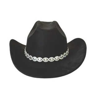 Cappello da cowboy occidentale in camoscio nero con catena di strass per feste eleganti