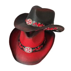 Cappello da Cowboy Western in Paglia Vintage per Uomo Donna Sfumatura Tie-Dye Tesa Larga Cappello da Sole Con Ricamo Fibbia a Fiore Estate Vacanza Spiaggia