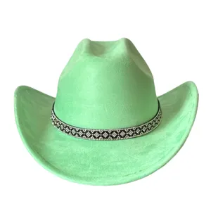 Green suede western cowboy hat with sparkling rhinestone band for party and daily fashion wear
