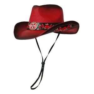 Cappello da cowboy occidentale rosso sfumato con ricamo floreale e comodo cinturino per sole estivo.