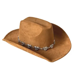 Brown suede western cowboy hat with rhinestones heart chain wide brim outdoor hat for women men