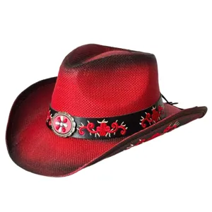 Cappello da cowboy western in paglia rossa con fascia ricamata e fibbia vintage estiva.