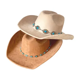 Detailed view of western cowboy hat with turquoise chain, suede texture, wide brim design.