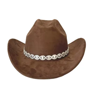 Elegante cappello da cowboy western in camoscio marrone con catena strass per feste.