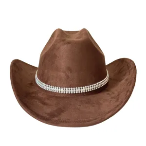 Close-up details showcasing rhinestone chain decoration on brown suede western cowboy hat.