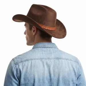 Retro suede western cowboy hat detail showing textured braided leather band and wide brim design.