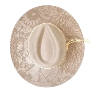 Laser engraved vintage tribal western cowboy hat, wide brim suede fedora for outdoor fashion.