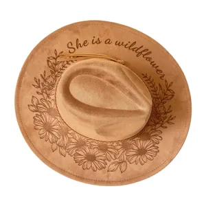 Laser engraved suede western cowboy hat detail, stylish daisy wildflower brim fedora cap