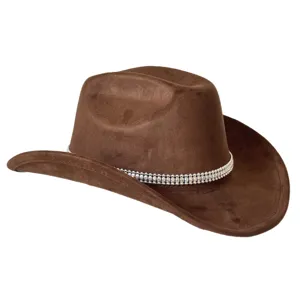 Brown suede western cowboy hat featuring sparkling rhinestone chain detail for chic party wear.