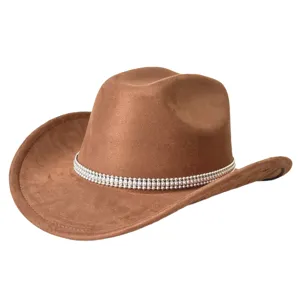 Vintage Polyester Rhinestone Chain Western Cowboy Hat For Party Unisex Wide Brim Suede Fedora Hat Holiday Dress Up Party Hat