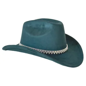 Donkergroene suède western cowboyhoed met sprankelende strass kettingband voor feestkleding.
