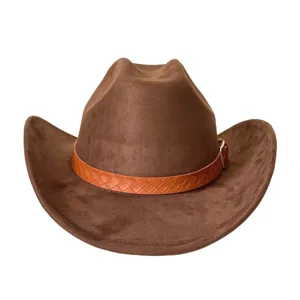 Close-up detail of brown suede western cowboy hat with stylish woven leather band and buckle.