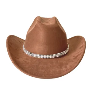 Brown suede cowboy hat with sparkling rhinestone chain, wide curved brim, perfect for party wear.