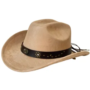 Chapeau de cowboy en suède style western avec bande en cuir marron et détails en métal.