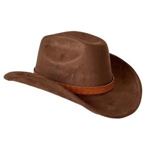 Brown suede western cowboy hat with woven leather band, stylish vintage fedora for outdoor.