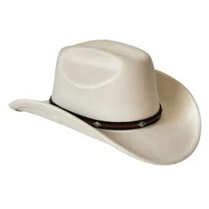 Sombrero de vaquero western retro de ante blanco con ala ancha y banda decorativa con tachuelas.