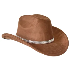 Brown suede western cowboy hat with sparkling rhinestone chain band for party and outdoor use