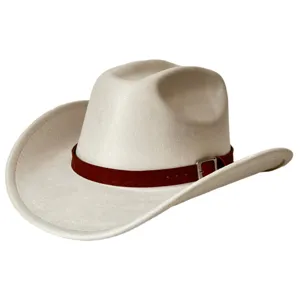 Retro suede western cowboy hat with woven leather belt and metal buckle for outdoor fashion.