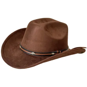 Sombrero de vaquero occidental vintage de ante marrón con ala levantada y tachuelas.
