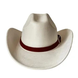 Vintage faux suede western cowboy hat featuring a woven dark red leather band and metal buckle.