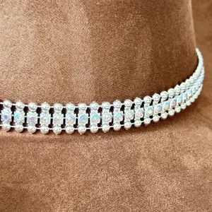Close-up detail of the sparkling rhinestone chain decoration on a brown suede fedora hat.