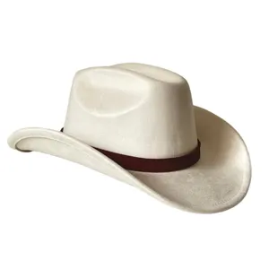 Close-up detail of vintage western suede cowboy hat with brown woven belt decoration.