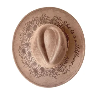 Laser engraved suede fedora hat with daisy floral pattern and western cowboy style for women.