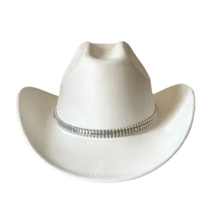 White faux suede western cowboy hat with rhinestone chain trim detail for stylish party wear.