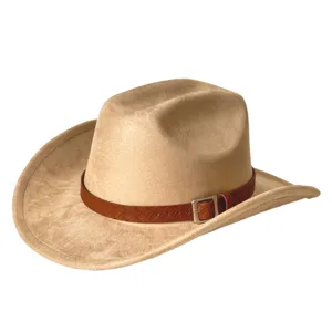 Retro suede western cowboy hat featuring a stylish brown woven leather belt and buckle.