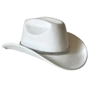 White suede western cowboy hat with rhinestone chain trim, stylish wide brim party hat.