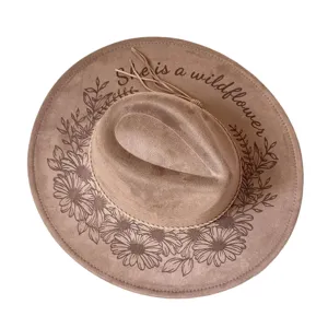 Laser engraved suede fedora hat with daisy floral pattern and western cowboy style for women.
