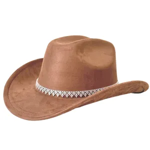 Bruine suade cowboyhoed met sprankelende strass ketting band voor westerse party outfits