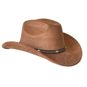 Sombrero de vaquero occidental de ante marrón retro con ala ancha y banda con tachuelas.