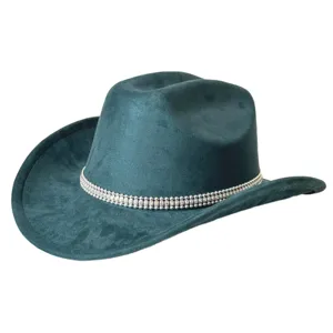 Close-up detail of dark green suede cowboy hat featuring sparkling rhinestone chain band.