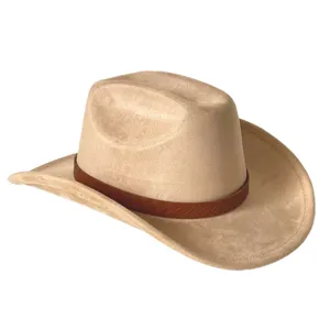 Vintage faux suede western cowboy hat detail showing the texture and brown woven band.