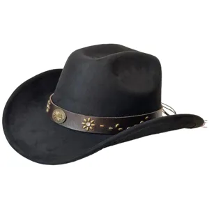 Chapeau de cowboy occidental en suédine noire avec bande en cuir marron et clous floraux, détail.