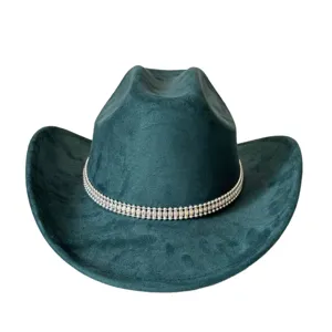 Detailed close-up of the dark green suede western cowboy hat with rhinestone chain.