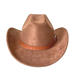 Brown faux suede western cowboy hat detail with woven leather strap and metal buckle.