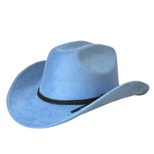 Classico cappello da cowboy in camoscio sintetico azzurro con fascia intrecciata nera.